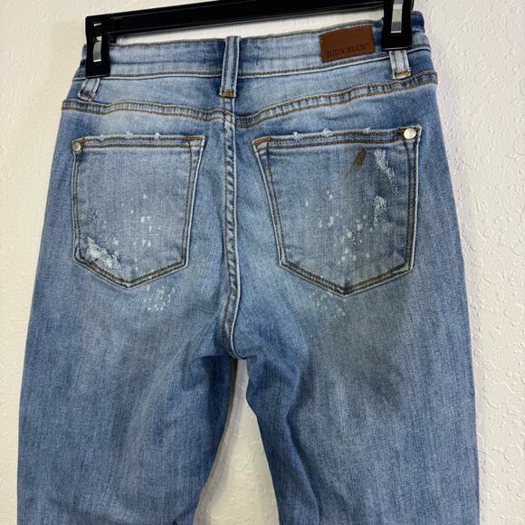 Judy Blue jean bleach splatter ripped raw hem size 1 denim Distressed Blue Jeans - Picture 10 of 12